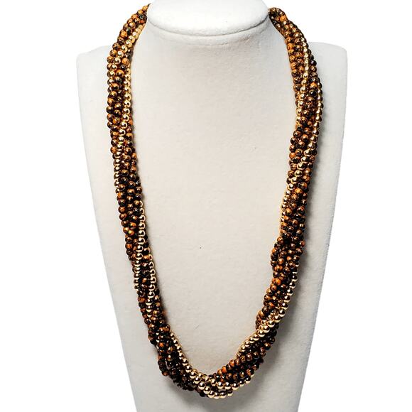 Retro Multi Strand Brown Beaded Twist Necklace Unsigned 18" Vtg - Picture 1 of 5